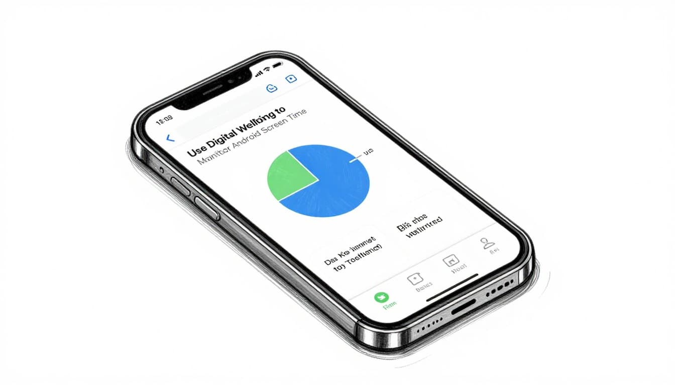 Hand-drawn graphite sketch on white paper showing top-down view of Android phone on table with Digital Wellbeing dashboard open, vague pie chart of app screen time visible, even lighting, no people or text.