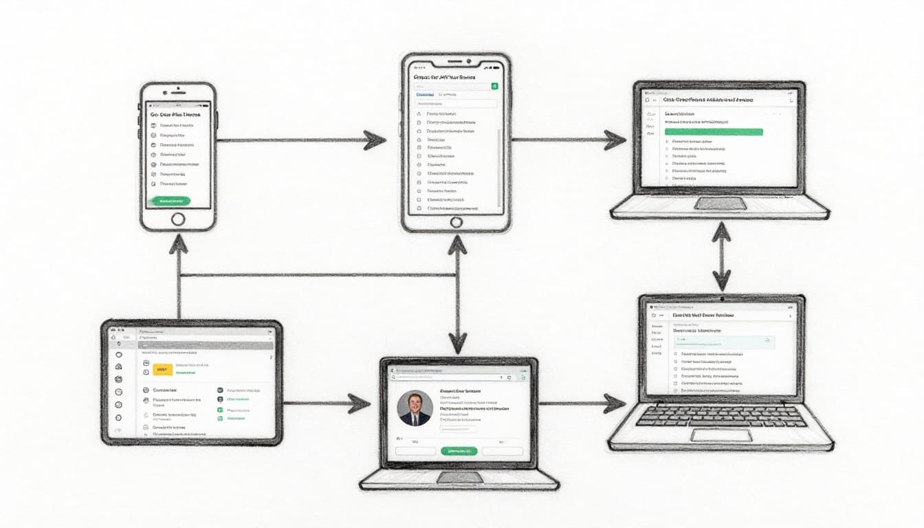 Hand-drawn graphite sketch on white paper featuring a phone, tablet, and laptop connected by lines, symbolizing a cross-platform screen time tracking app dashboard with light shading.