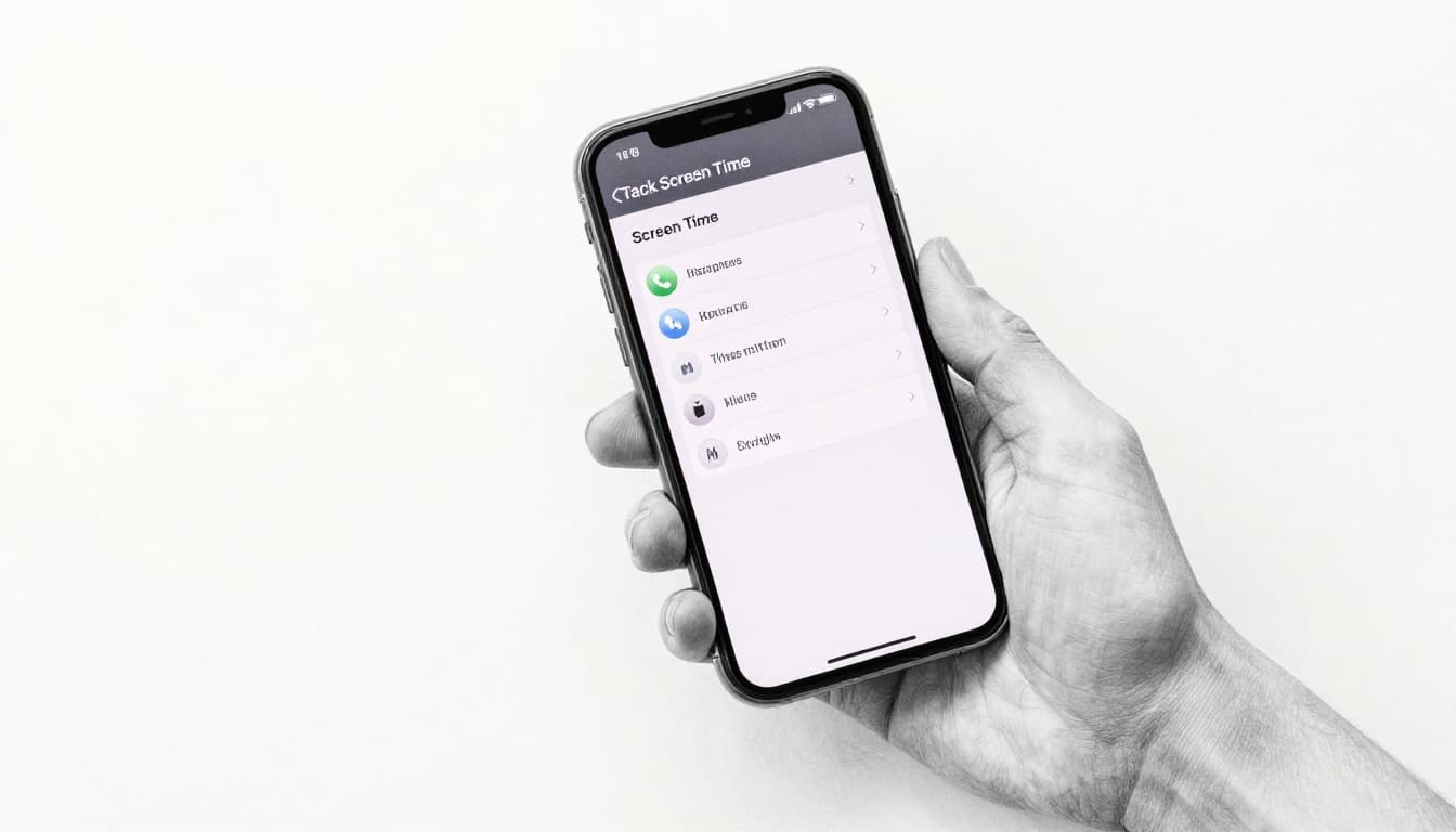Hand-drawn graphite sketch on white paper of a person relaxedly holding an iPhone displaying the Screen Time dashboard in Settings app with simple usage bars, screen angled away, no readable text.