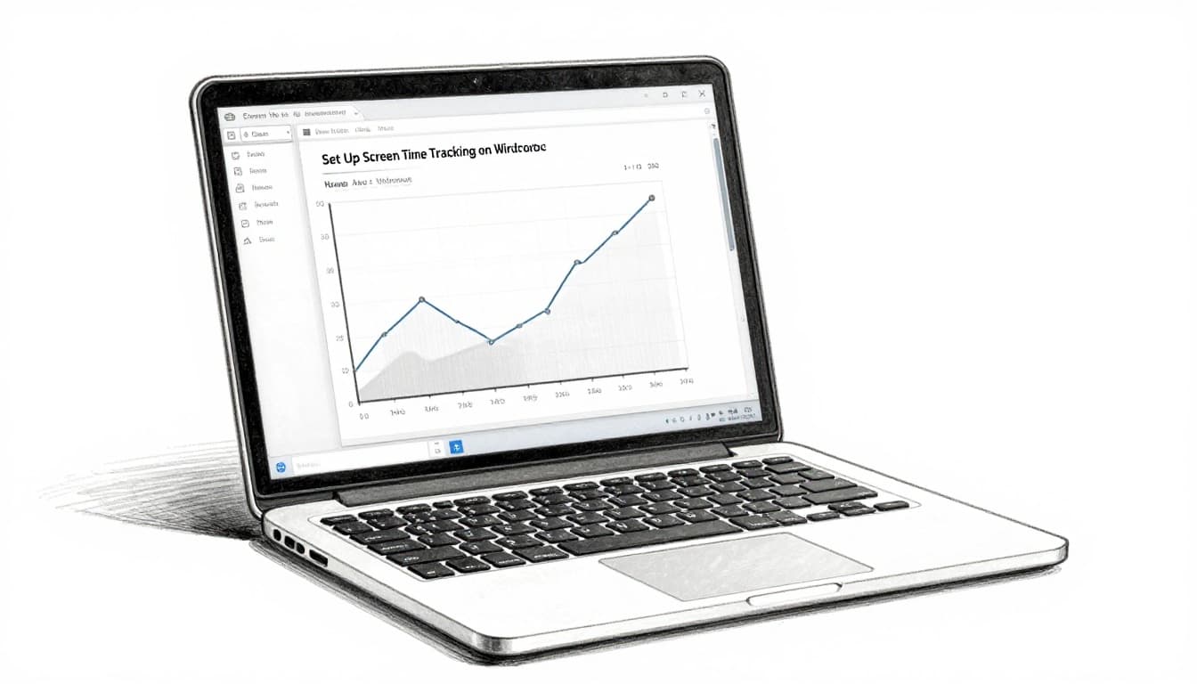 Hand-drawn graphite sketch on clean white background of a laptop with Windows Screen Time settings window open, showing activity graph; side view, no person, vague details.
